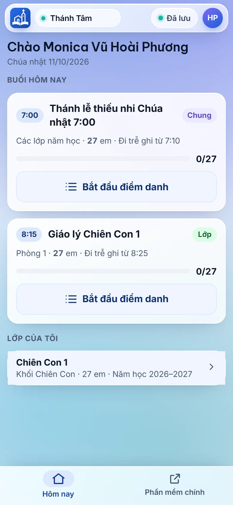 App Điểm danh, màn Hôm nay của giáo lý viên trên điện thoại: hai thẻ buổi Thánh lễ thiếu nhi và Giáo lý Chiên Con 1 với nút Bắt đầu điểm danh, mục Lớp của tôi