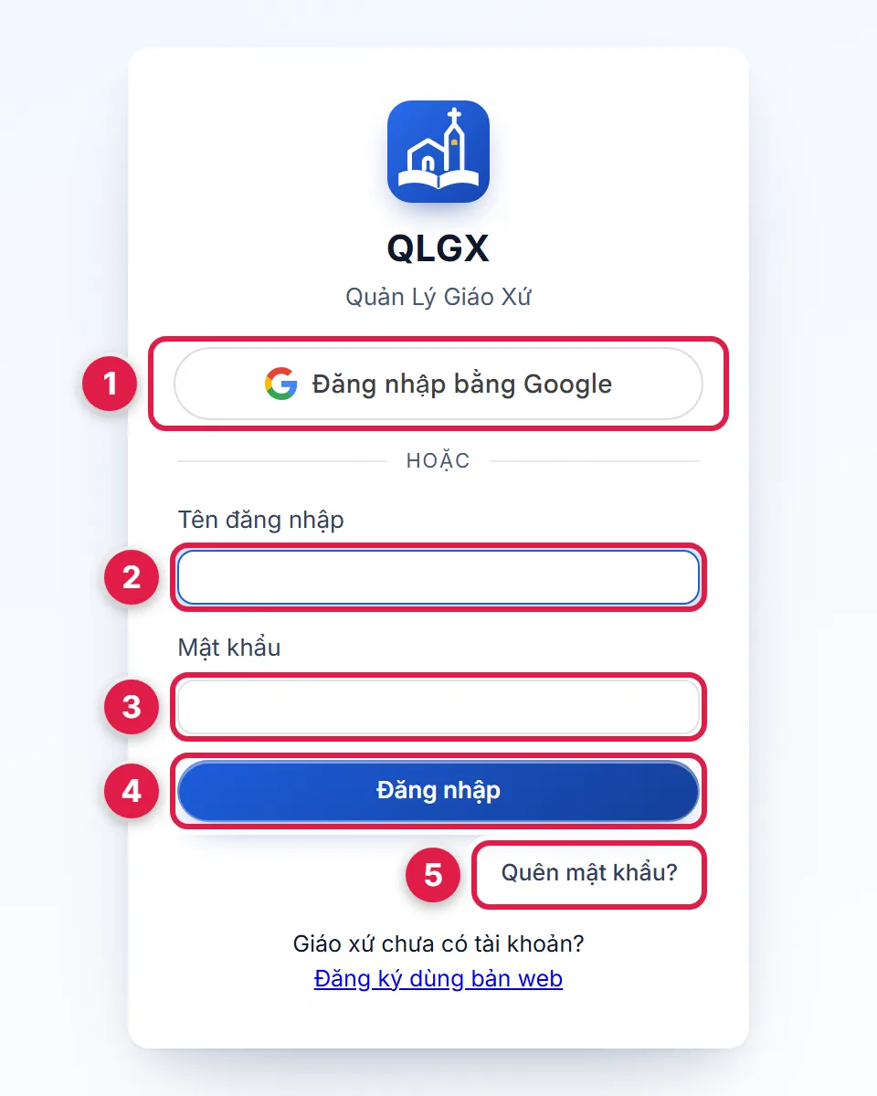 Màn hình đăng nhập với nút Đăng nhập bằng Google (số 1), ô Tên đăng nhập (số 2), ô Mật khẩu (số 3), nút Đăng nhập (số 4) và liên kết Quên mật khẩu (số 5)