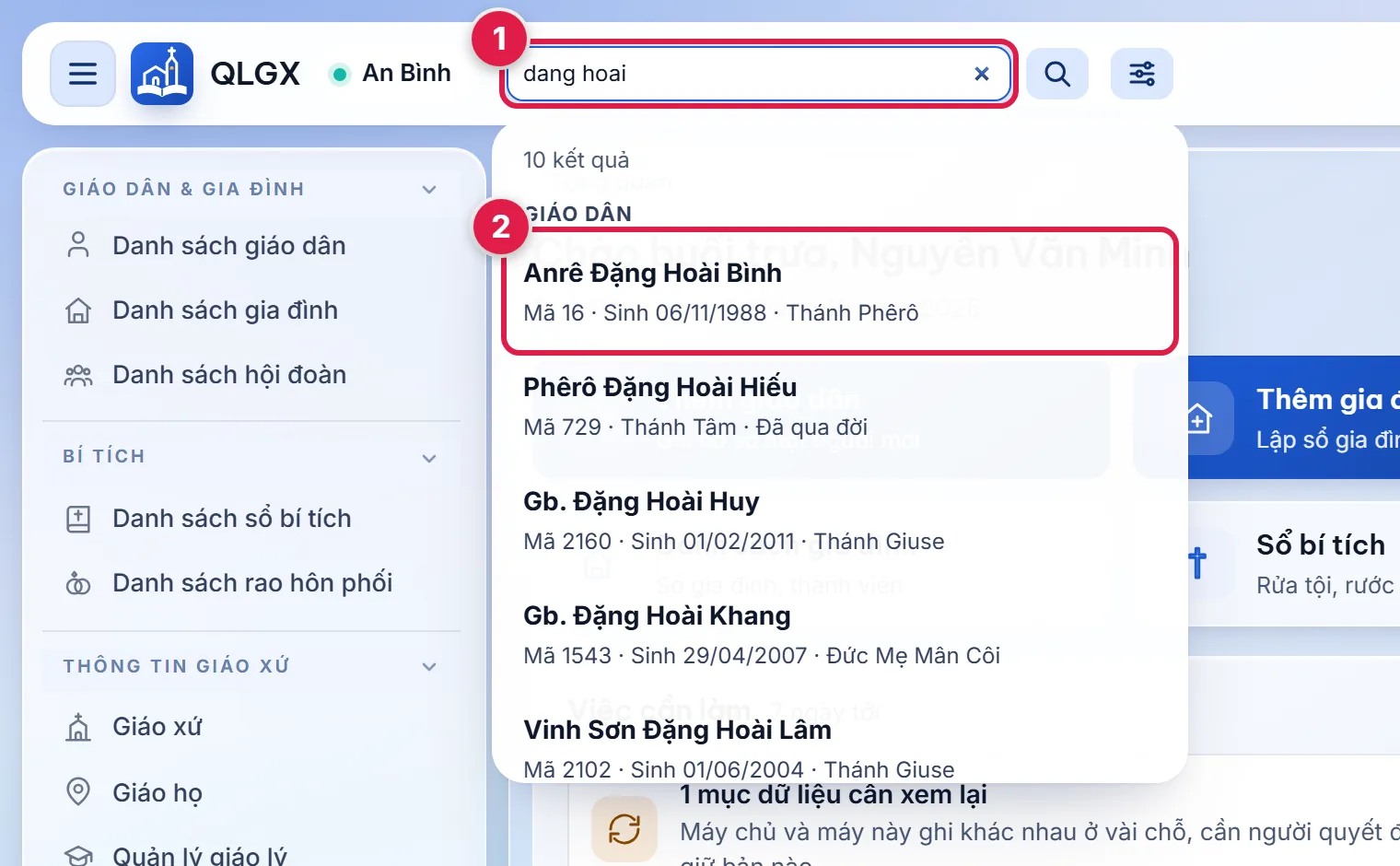 Ô tìm đang gõ chữ dang hoai (số 1), danh sách kết quả hiện ra bên dưới, người cần tìm được đánh dấu số 2