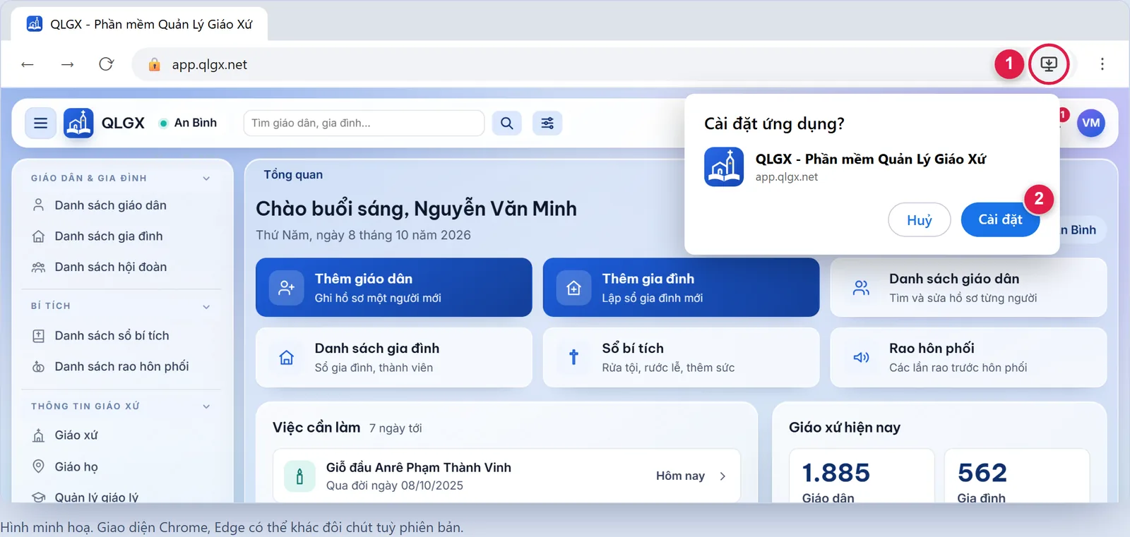 Hình minh hoạ trình duyệt mở app.qlgx.net: biểu tượng cài đặt ở cuối thanh địa chỉ (số 1) và hộp hỏi Cài đặt ứng dụng với nút Cài đặt (số 2)
