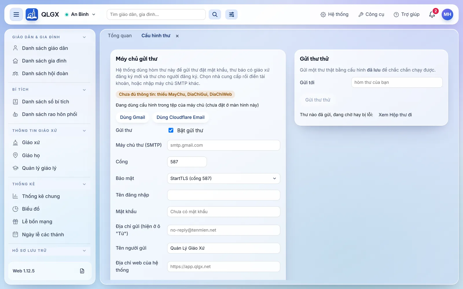Màn Cấu hình thư: khung Máy chủ gửi thư với các nút Dùng Gmail, Dùng Cloudflare Email và các ô máy chủ, cổng, bảo mật, tên đăng nhập, mật khẩu; khung Gửi thư thử
