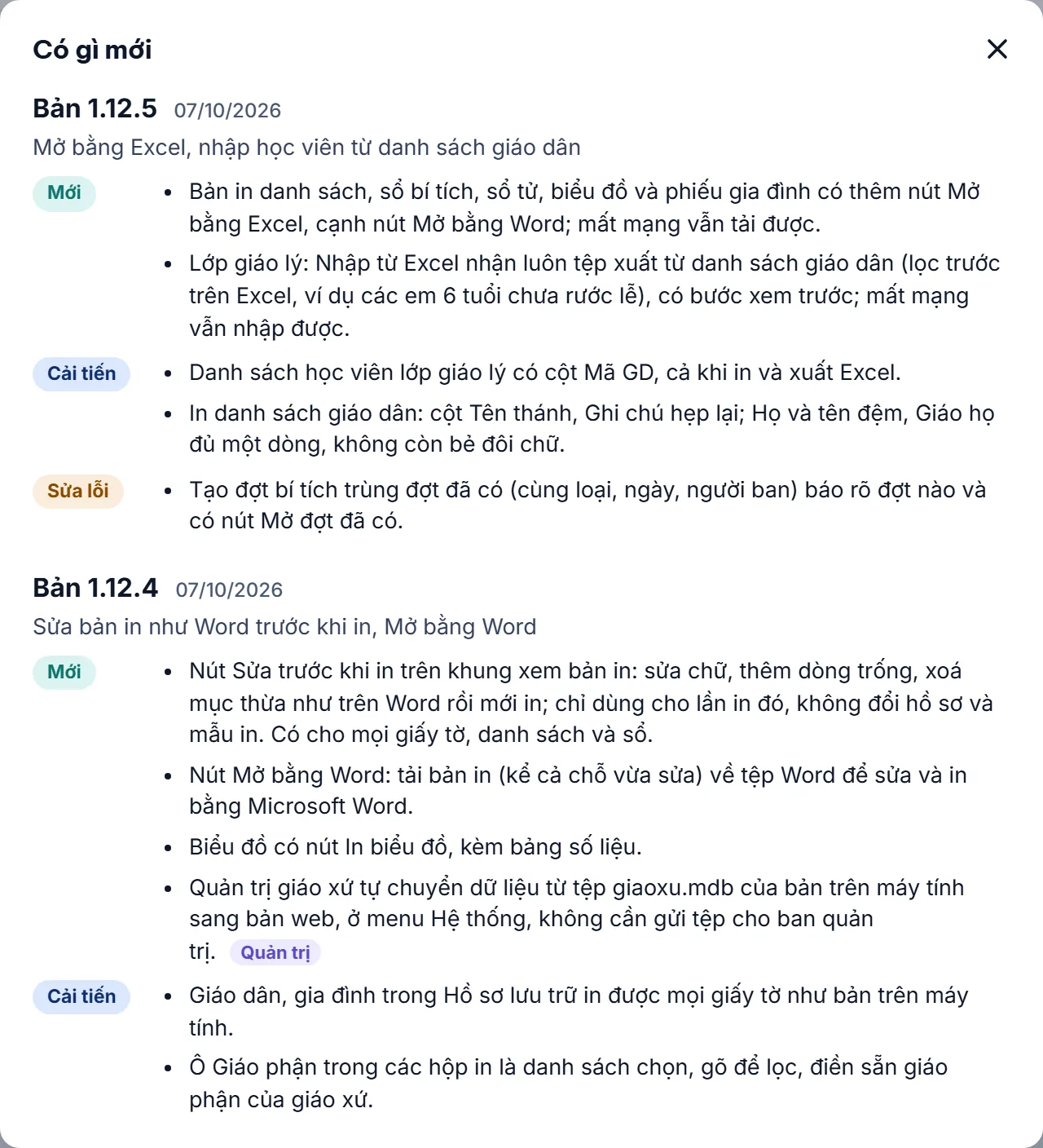 Hộp Có gì mới liệt kê các bản phát hành gần đây, mỗi ý có nhãn Mới, Cải tiến hoặc Sửa lỗi