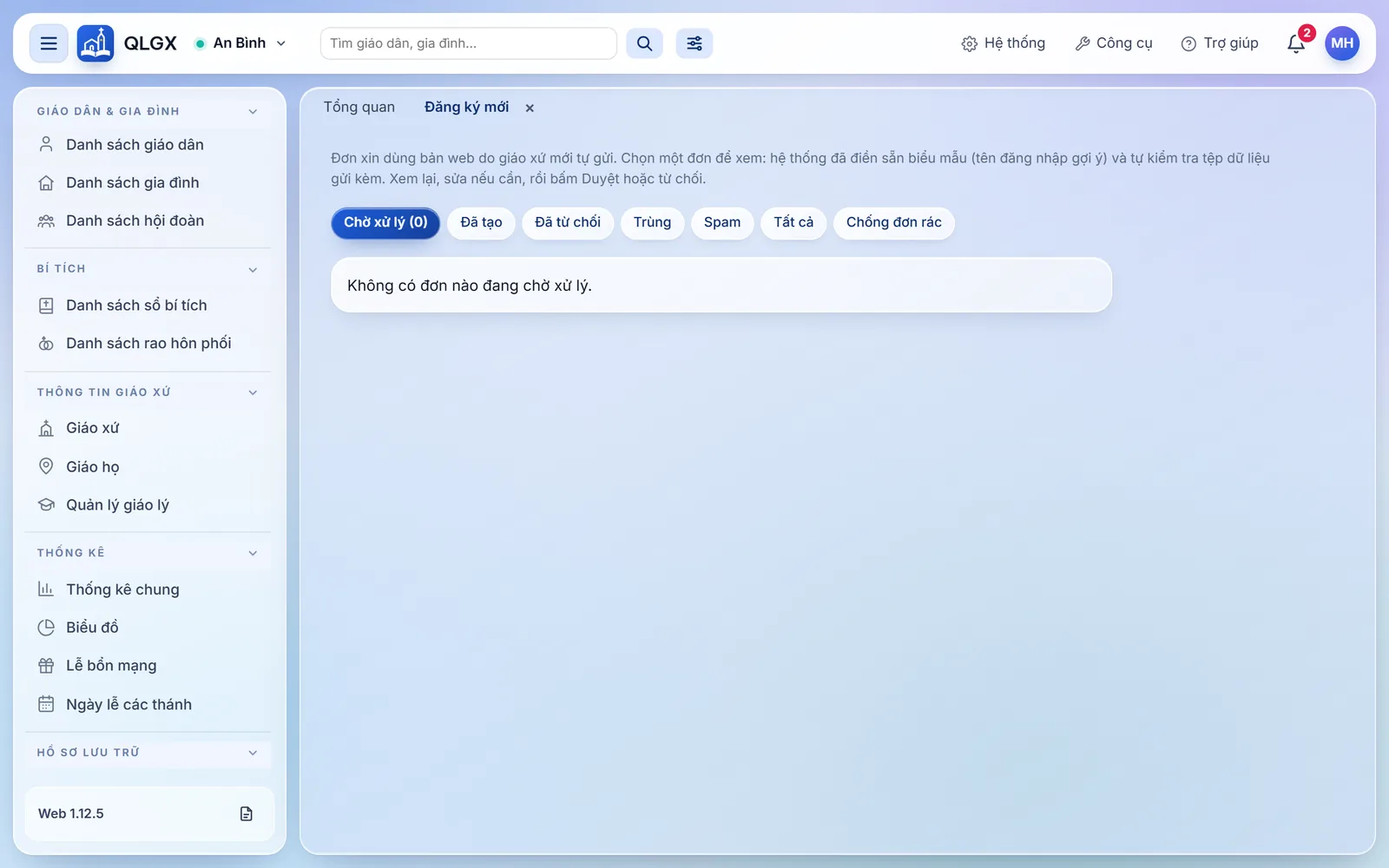 Màn Đăng ký mới: các nút lọc Chờ xử lý, Đã tạo, Đã từ chối, Trùng, Spam, Tất cả, Chống đơn rác; dòng Không có đơn nào đang chờ xử lý