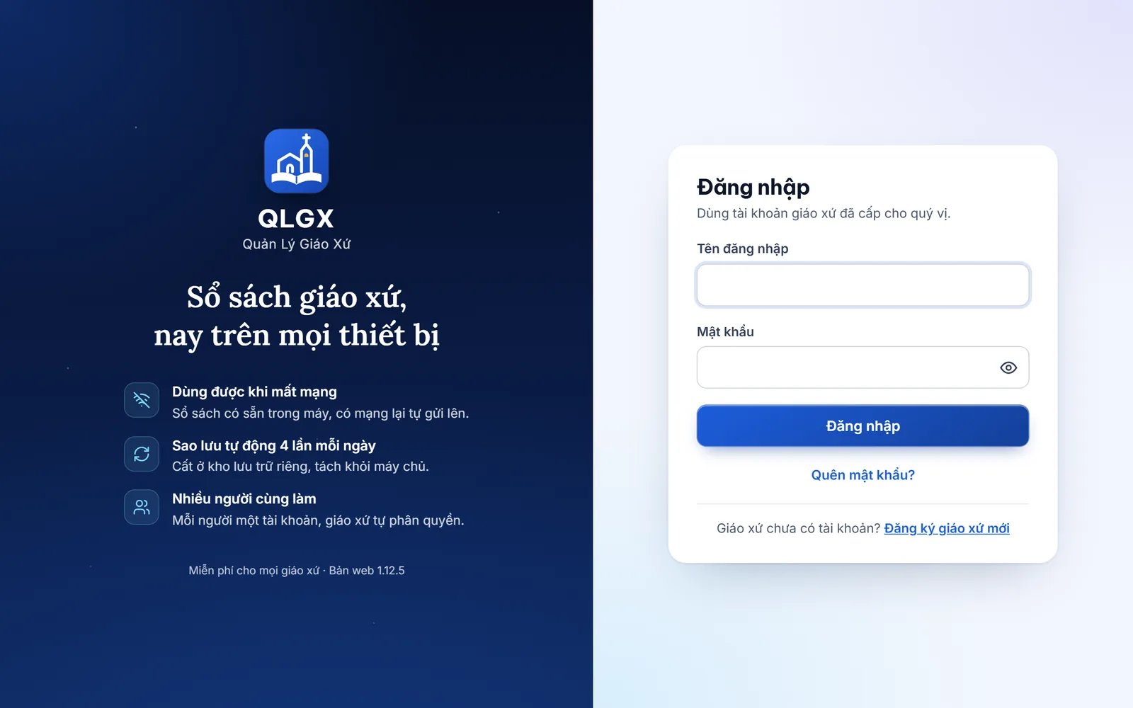 Màn hình đăng nhập: bên trái nền xanh đậm có logo QLGX, câu Sổ sách giáo xứ, nay trên mọi thiết bị và ba điều nổi bật; bên phải thẻ Đăng nhập có ô Tên đăng nhập, ô Mật khẩu kèm nút hình con mắt, nút Đăng nhập, Quên mật khẩu và Đăng ký giáo xứ mới