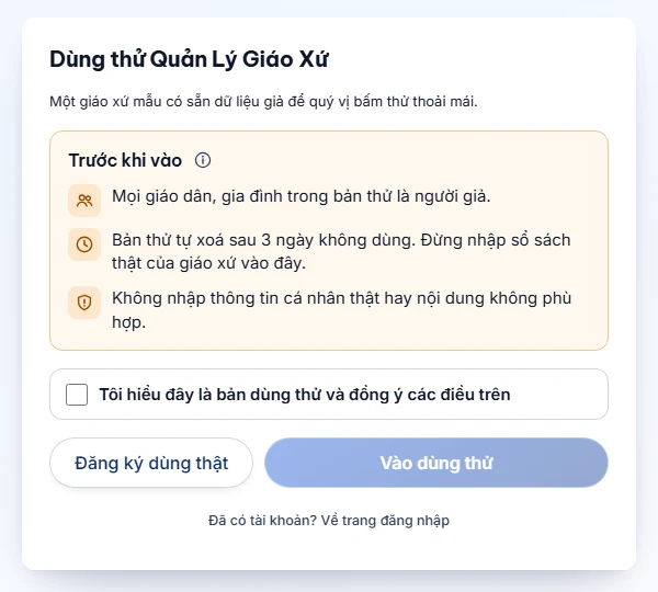 Trang Dùng thử Quản Lý Giáo Xứ: khung cam Trước khi vào với ba dòng, ô tick đồng ý, nút Đăng ký dùng thật và nút Vào dùng thử