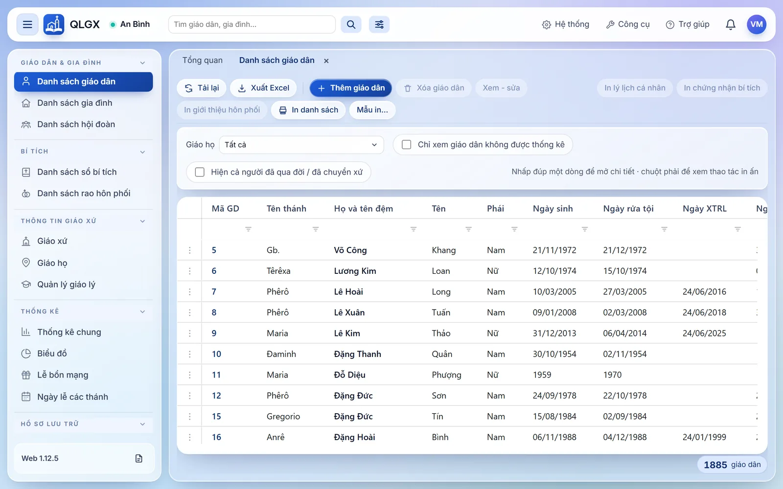 Danh sách giáo dân: thanh nút Tải lại, Xuất Excel, Thêm giáo dân, các nút in; ô lọc Giáo họ; lưới các cột Mã GD, Tên thánh, Họ và tên đệm, Tên, Phái, Ngày sinh, Ngày rửa tội