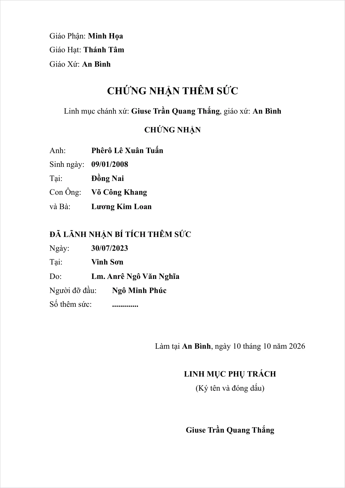 Giấy chứng nhận thêm sức với ngày, nơi, người ban bí tích và người đỡ đầu