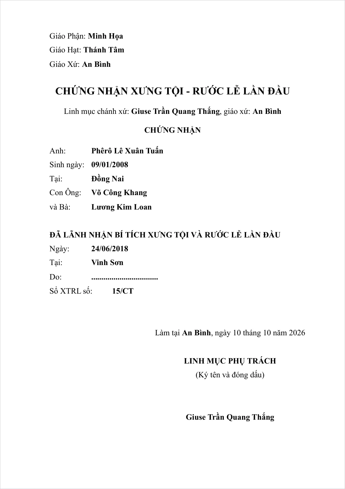 Giấy chứng nhận xưng tội và rước lễ lần đầu với ngày, nơi lãnh nhận và số sổ