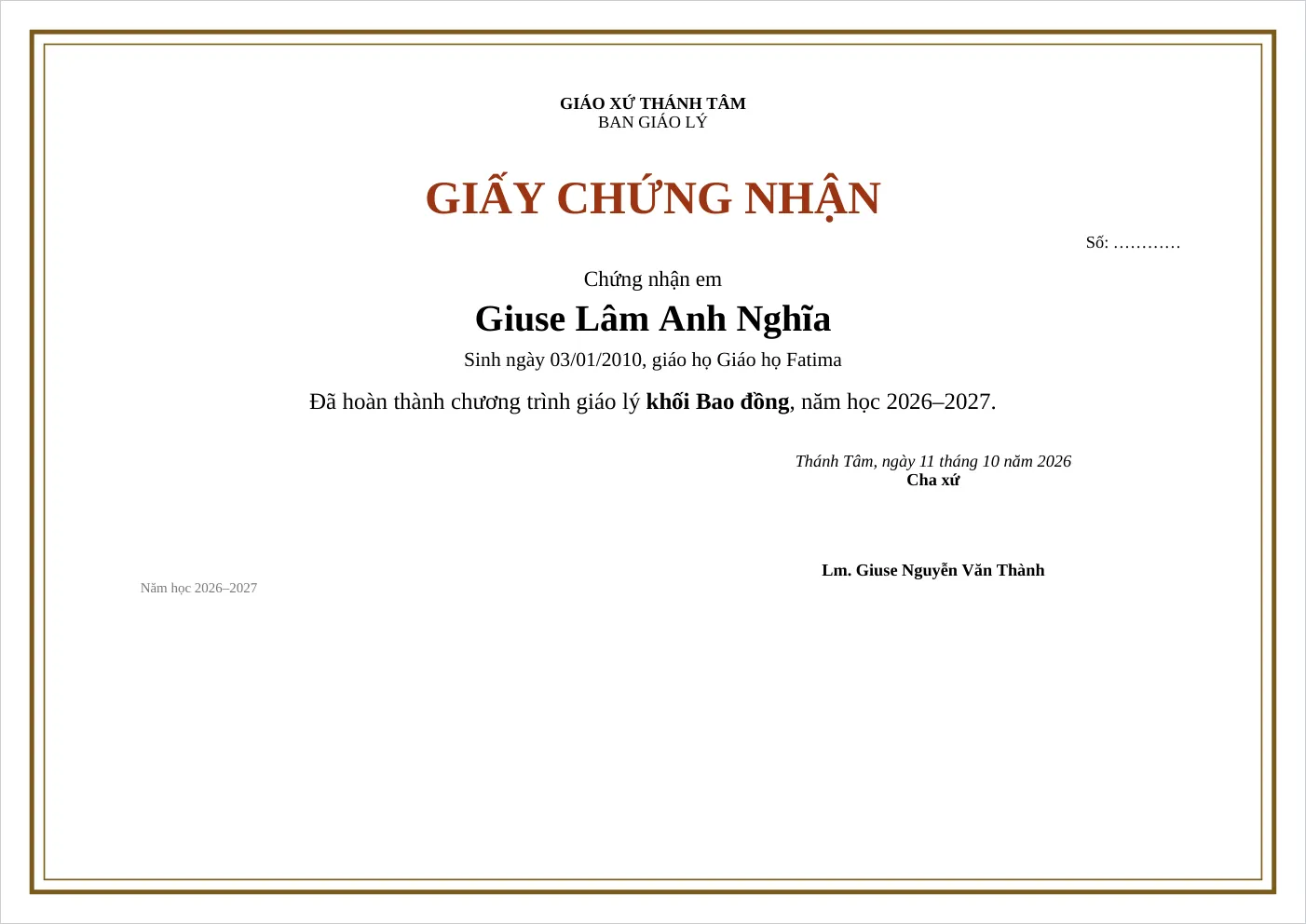 Giấy chứng nhận hoàn thành chương trình giáo lý của khối, có ô số để trống và chỗ cha xứ ký