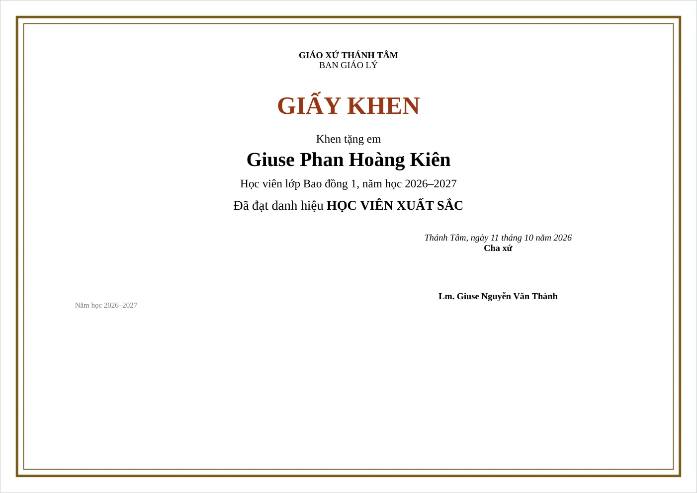 Giấy khen khổ ngang có khung viền, khen tặng em đạt danh hiệu học viên xuất sắc, có chỗ cha xứ ký