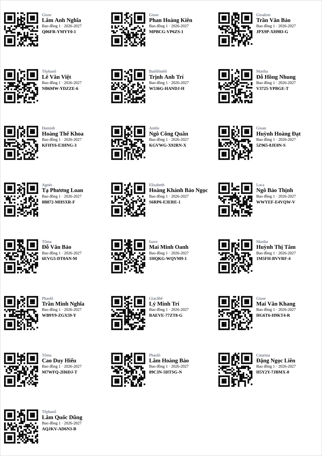 Tờ nhãn mã QR A4 ba cột: mỗi nhãn có mã QR, tên thánh, họ tên, lớp, năm học và mã điểm danh