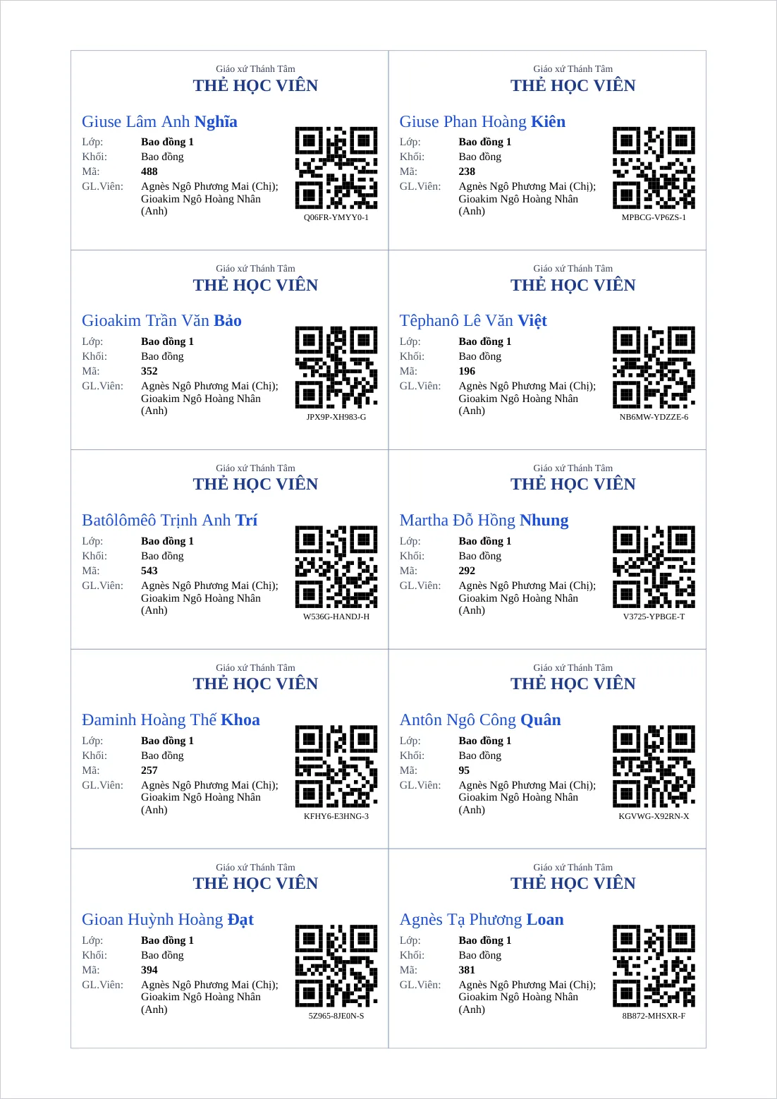 Tờ thẻ học viên A4 mười thẻ: tên giáo xứ, chữ THẺ HỌC VIÊN, tên em, lớp, khối, mã, giáo lý viên và mã QR