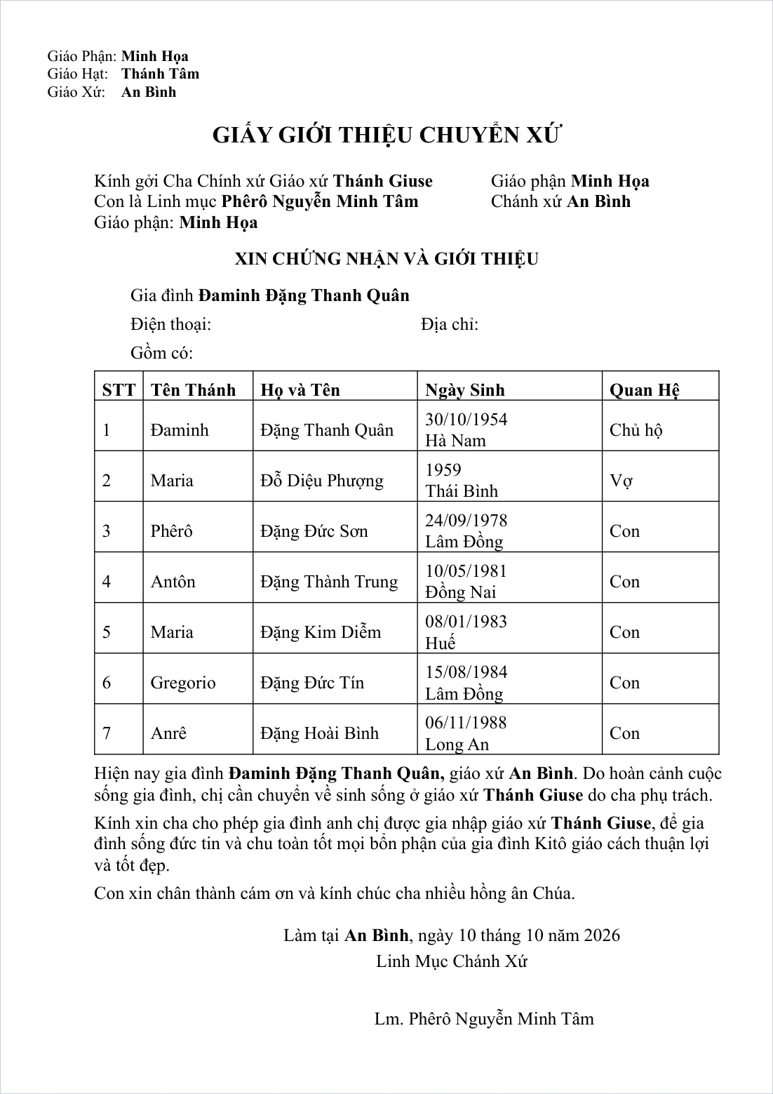 Giấy giới thiệu chuyển xứ cho cả gia đình, có bảng tên thánh, họ tên, ngày sinh và quan hệ của từng người