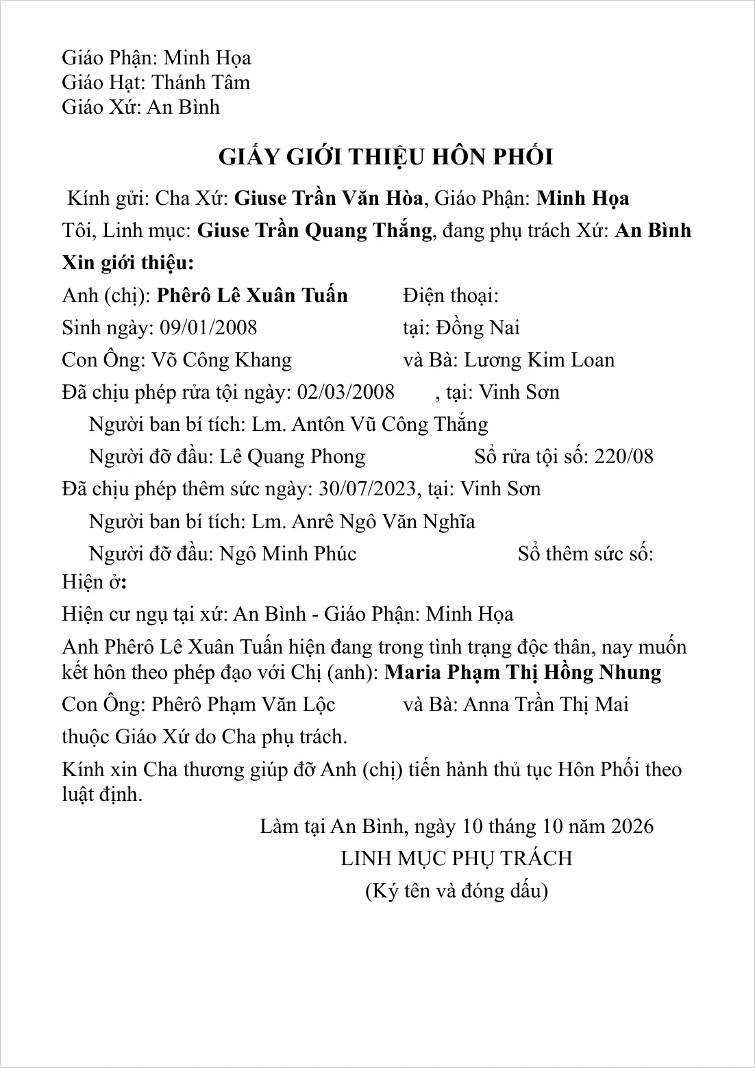 Giấy giới thiệu hôn phối với thông tin bí tích của người được giới thiệu và người sẽ kết hôn cùng