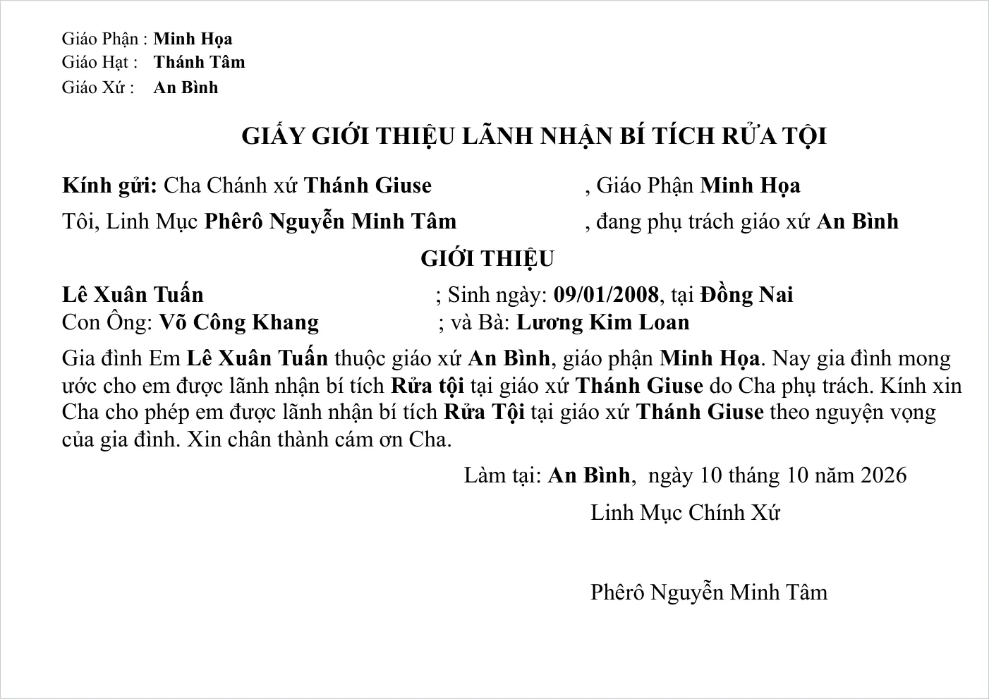 Giấy giới thiệu lãnh nhận bí tích rửa tội tại một giáo xứ khác, khổ ngang