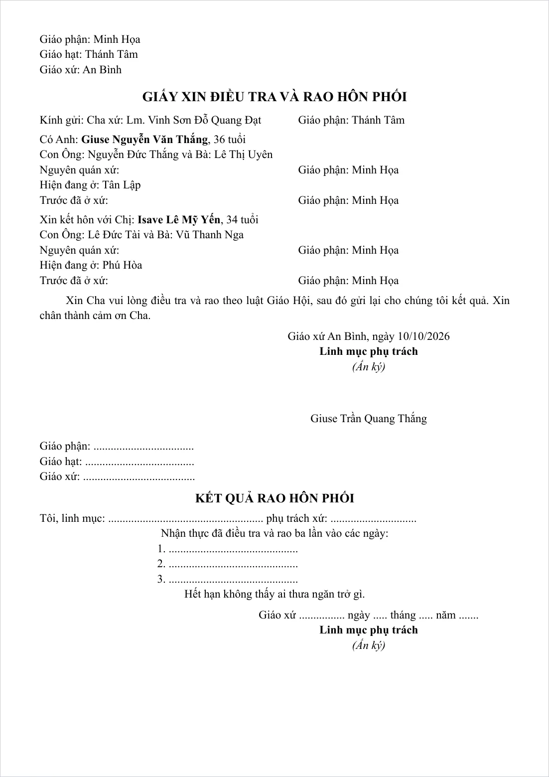 Giấy xin điều tra và rao hôn phối, có phần kết quả rao hôn phối để trống ở nửa dưới