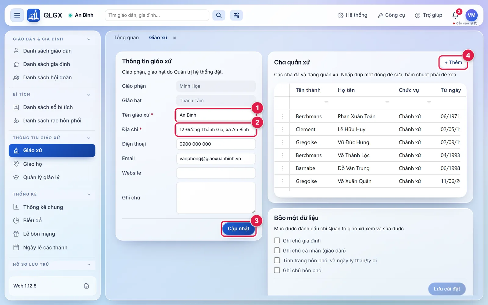 Màn Giáo xứ: ô Tên giáo xứ (1), ô Địa chỉ (2), nút Cập nhật (3), nút Thêm cha quản xứ (4)