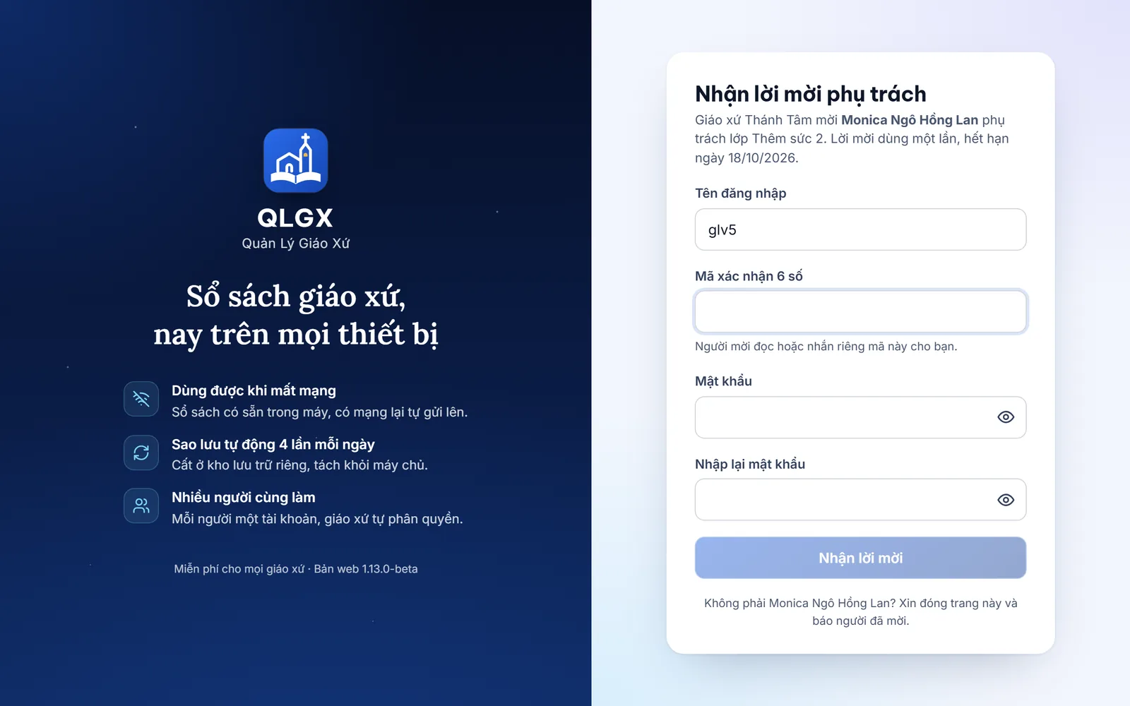 Trang Nhận lời mời phụ trách: lời giới thiệu người được mời và lớp, ô tên đăng nhập ghi sẵn, ô mã xác nhận 6 số, hai ô mật khẩu, nút Nhận lời mời