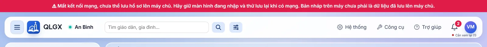 Dải đỏ báo mất kết nối mạng ở trên cùng và dòng trạng thái Đã lưu ở máy này dưới hình tròn tên người dùng