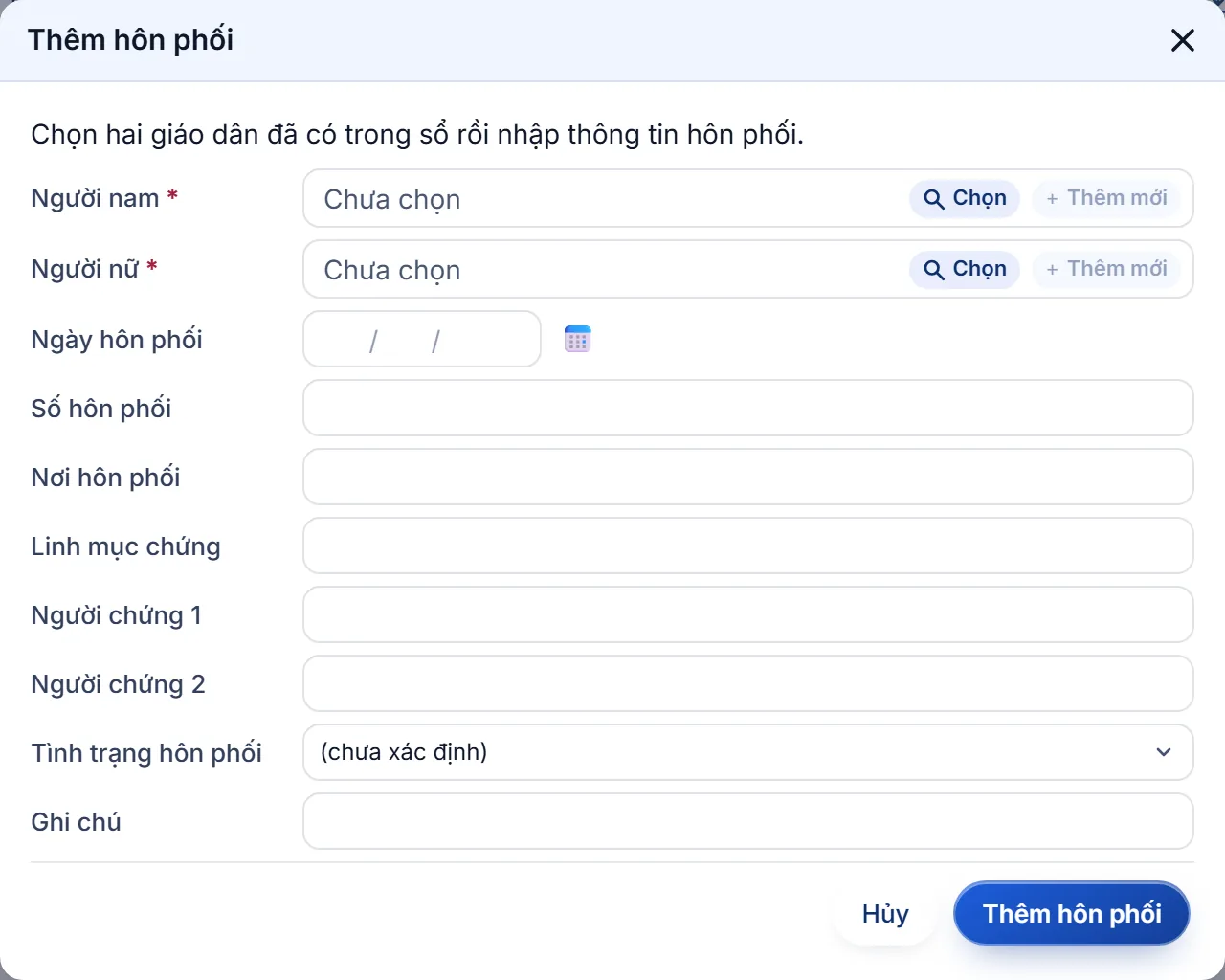 Hộp Thêm hôn phối: ô chọn Người nam, Người nữ, Ngày hôn phối, Số hôn phối, Nơi hôn phối, Linh mục chứng, hai người chứng, Tình trạng hôn phối