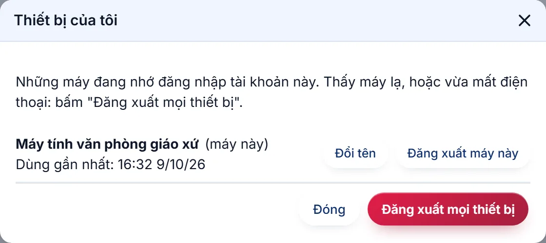 Hộp Thiết bị của tôi: một máy "Máy tính văn phòng giáo xứ (máy này)" với nút Đổi tên, Đăng xuất máy này; hàng nút Đóng và Đăng xuất mọi thiết bị