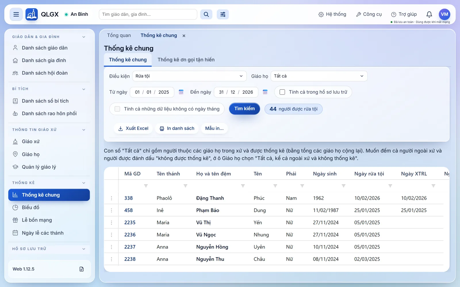 Màn Thống kê chung đã chọn điều kiện Rửa tội, khoảng ngày trong năm, bấm Tìm kiếm, ra số người được rửa tội và danh sách bên dưới