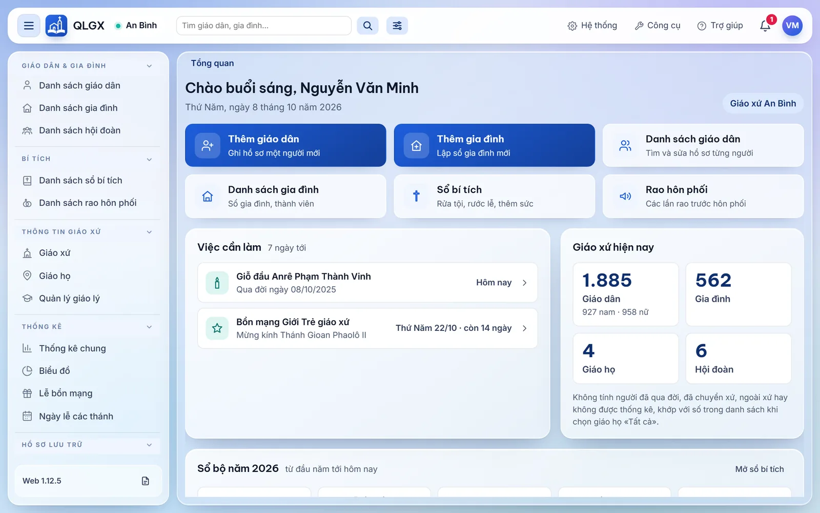 Màn hình Tổng quan: lời chào, các ô lối tắt Thêm giáo dân, Thêm gia đình, danh sách Việc cần làm, số giáo dân, gia đình, giáo họ, hội đoàn và Sổ bộ năm nay