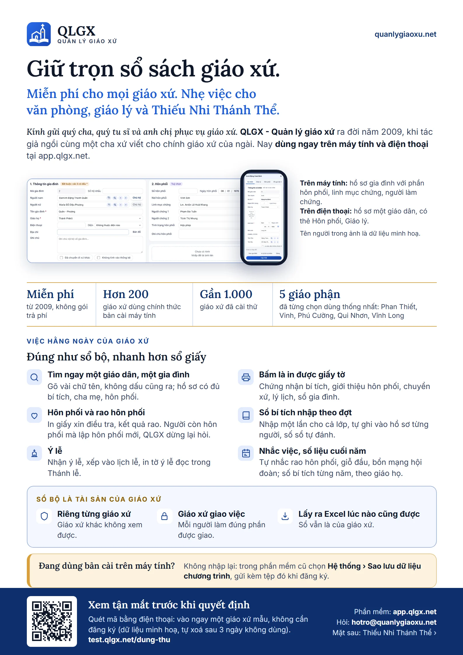 Trang 1 tờ giới thiệu QLGX: giữ trọn sổ bộ giáo xứ, việc hằng ngày của giáo xứ, sổ bộ là tài sản của giáo xứ, dùng thử giáo xứ mẫu.