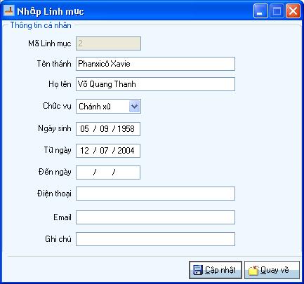 Nhập thông tin Giáo xứ, Linh mục