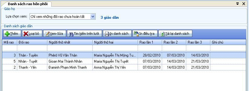Danh sách rao hôn phối theo từng đợt, hiển thị tên đôi hôn phối và ba ngày rao.