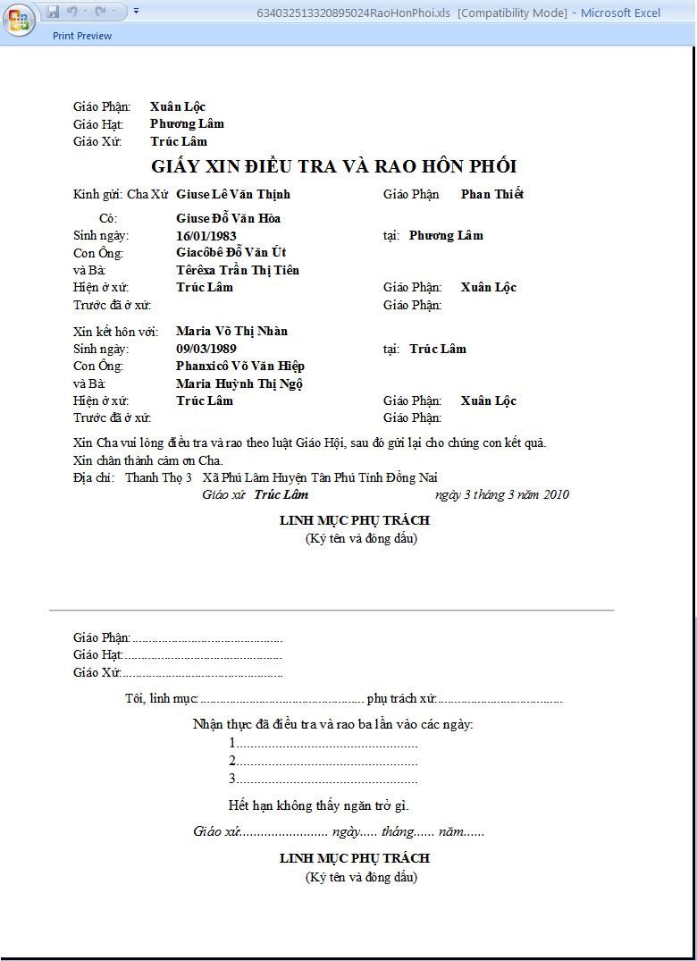 Tờ điều tra hôn phối được chương trình xuất ra file Microsoft Word, đã điền sẵn thông tin đôi hôn phối.