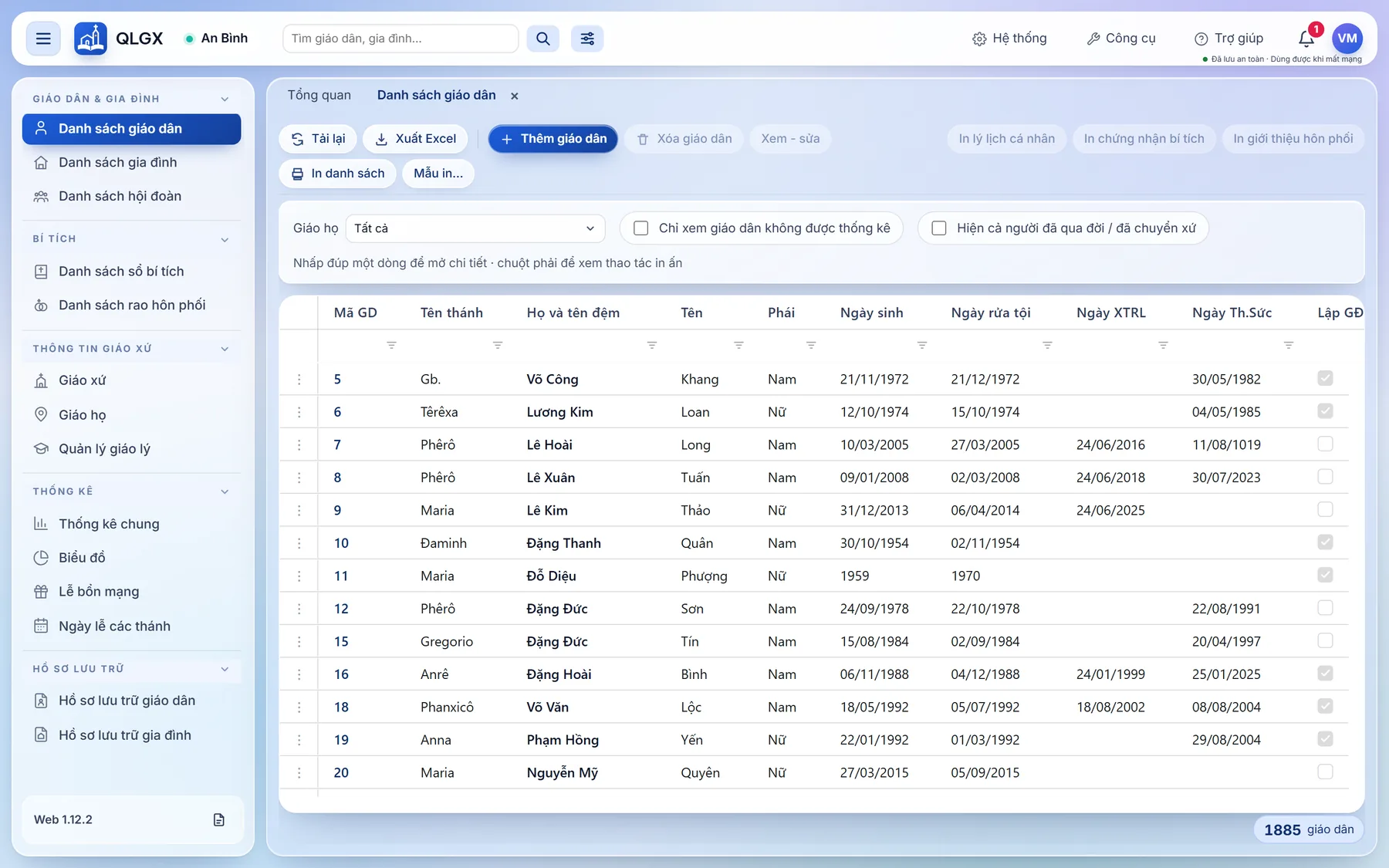 Danh sách giáo dân dạng bảng với các cột mã, tên thánh, họ tên, ngày sinh, ngày rửa tội, kèm thanh nút Thêm, Xuất Excel và In.