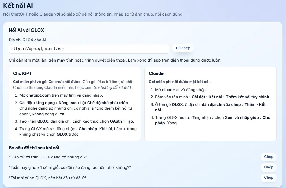 Màn Kết nối AI của QLGX: ô Địa chỉ QLGX cho AI kèm nút Chép, hai thẻ hướng dẫn nối ChatGPT và Claude, ba câu mẫu để thử.