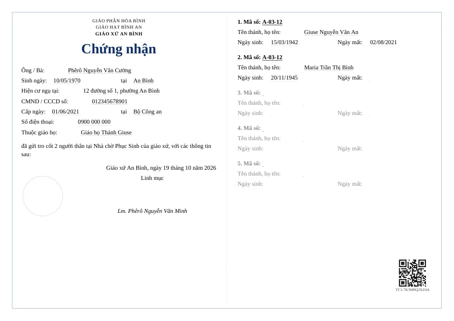 Mẫu giấy chứng nhận gửi tro cốt: thông tin người đứng đơn bên trái, mã ô và người quá cố bên phải, mã QR ở góc.