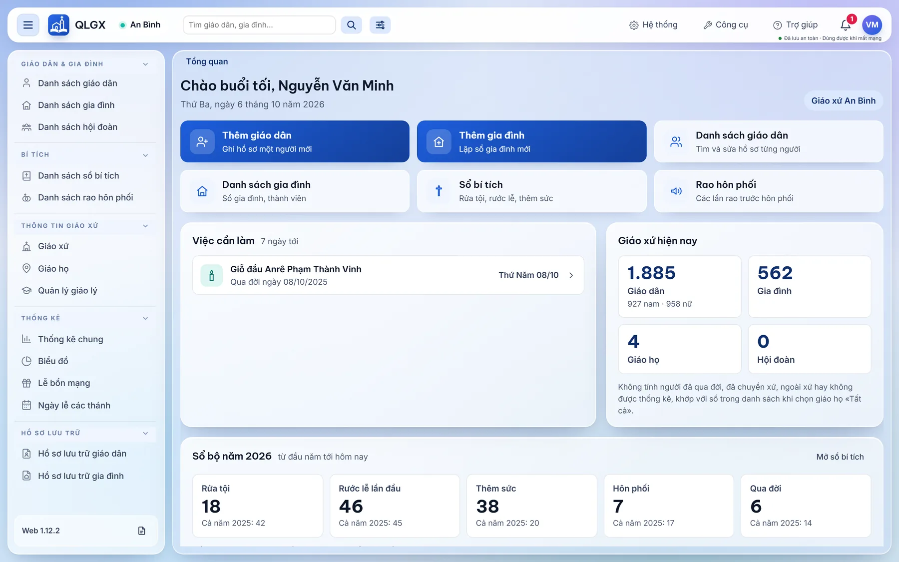 Màn hình Tổng quan của Quản Lý Giáo Xứ bản web với lối tắt, việc cần làm và số liệu giáo xứ.