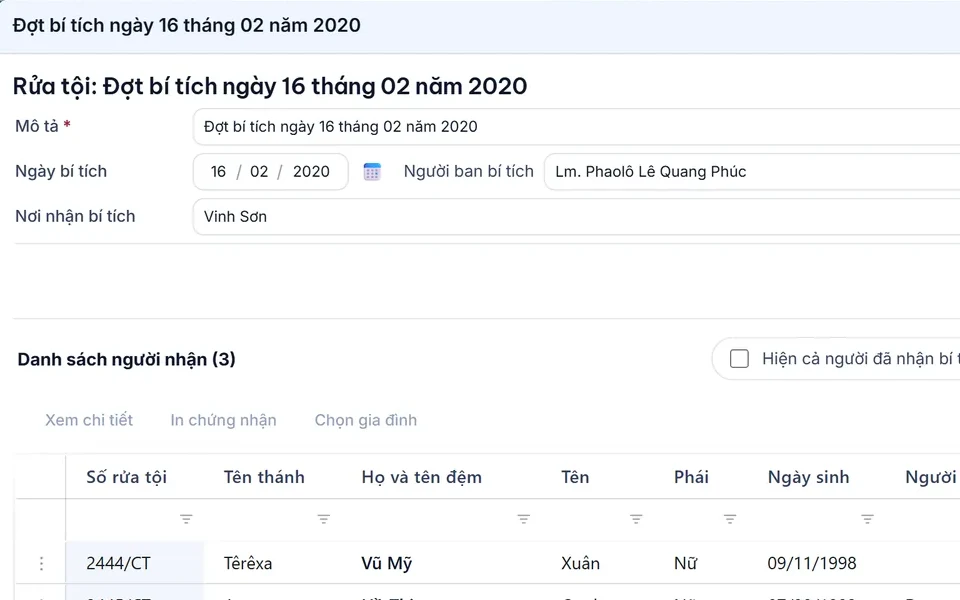 Một đợt bí tích: ngày, nơi, linh mục ban bí tích và danh sách những người nhận trong đợt.