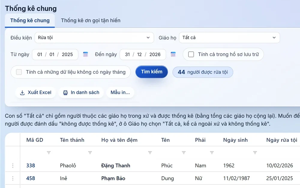 Màn Thống kê chung: chọn Rửa tội, giáo họ, khoảng ngày, ra 44 người được rửa tội cùng nút Xuất Excel và In danh sách.