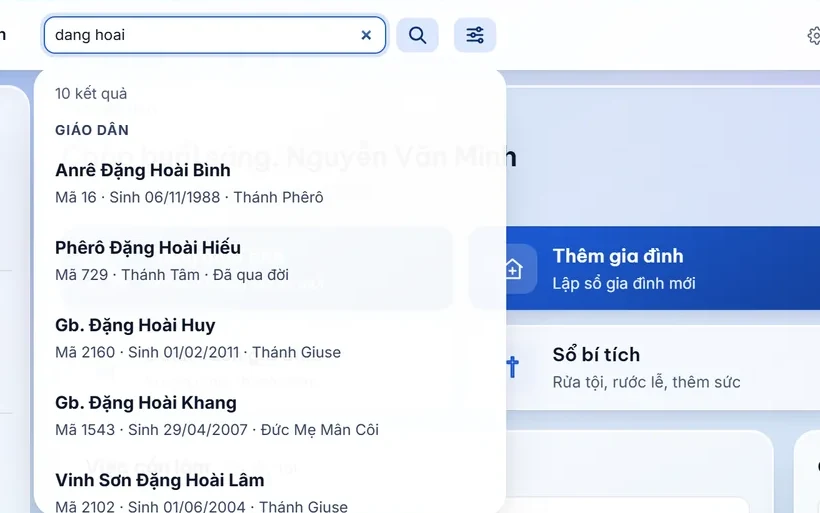 Ô tìm ở đầu màn hình: gõ "dang hoai" không dấu, hiện ngay danh sách giáo dân họ Đặng Hoài kèm mã, ngày sinh, giáo họ.